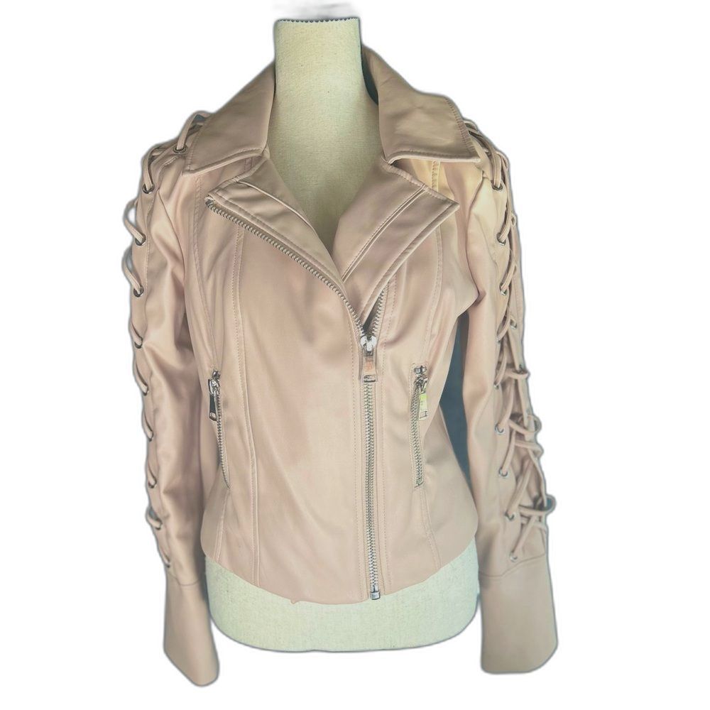 Bebe bomber baby pink faux leather jacket lace up sleeves NWOT size Medium